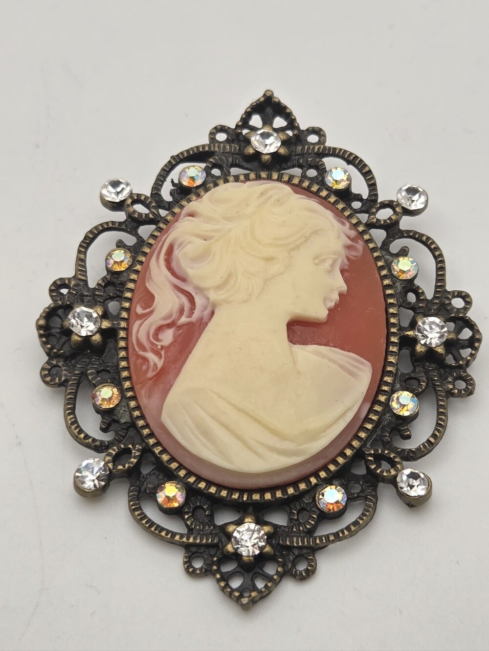 Vintage Victorian Cameo Pendant Filigree Rhinestone Coquette Dark Academi